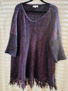 Umgee Purple Mixed-Knit V-Neck Fringe Sweater